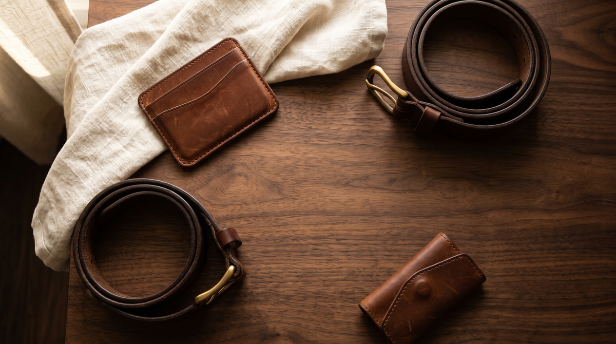 Leather everyday carry pieces on a warm wooden surface