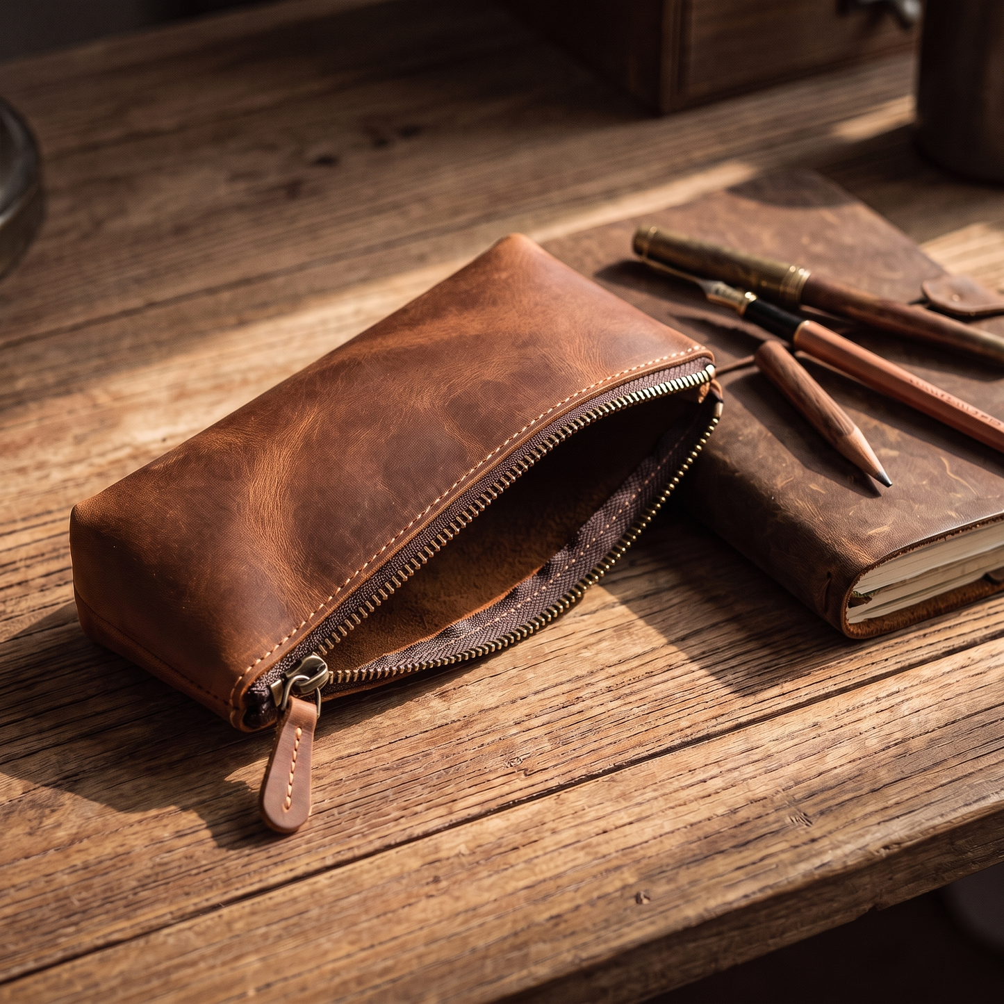 Astuccio leather pencil case in Brown